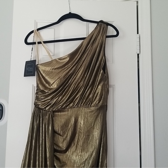 NWT Ieena for Mac Duggal one-shoulder gold Grecian gown - Picture 5 of 5
